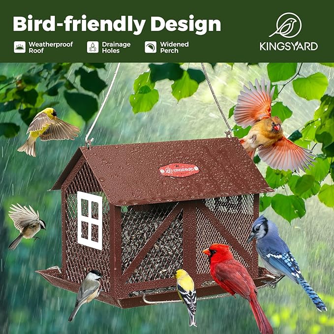 Kingsyard Metal Bird Feeder for Outdoors Hanging, 2-in-1 Wild Bird Feeder with Seed Tray & Built-in Perch, 5 lb Large Capacity for Cardinal Chickadee Finch, Bronze