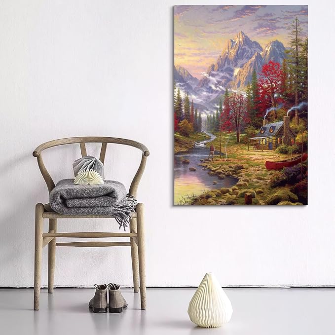 STUDIO HAVEN Thomas Kinkade Canvas Wall Art, Cozy Riverside Home Fishing Figure Red Canoe Sunset Oil Painting Poster Rustic Wilderness Wall Decor, Framed Prints for Home Decor, 28x40Inch