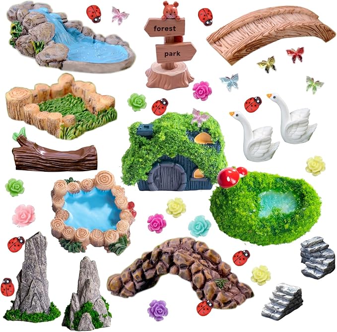 45 Pcs Resin Mini Garden Accessories - Miniature Landscape Decorations with Mini Bridge Pond Mountain House Figurines Swan Ladybug Butterfly Flower Figures Bulk for Dollhouse Garden Craft
