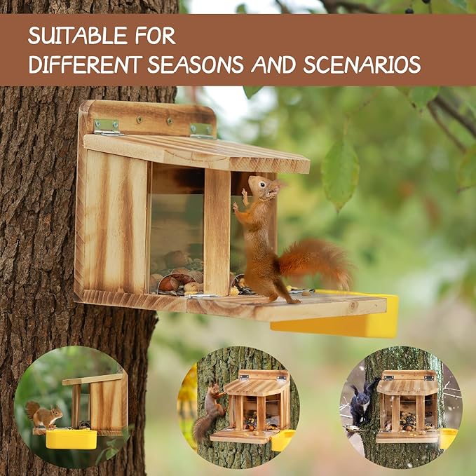 MIXXIDEA Wooden Squirrel Feeder with Water Bowl, Large Capacity Squirrels Feeders for Outside, Sturdy Construction, No Assembly Lovely Chipmunk Feeder for Corn, Peanut, Nuts, Chestnuts (Brown-1pk)