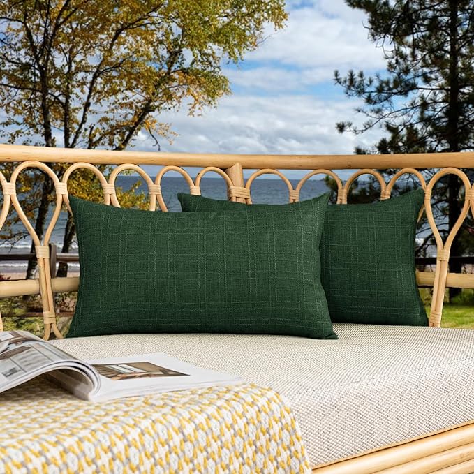 Kevin Textile Pack of 2 Outdoor Waterproof Pillow Covers Checkered Decorative Cushions Sham Throw Pillowcases Shell for Patio Tent Garden Couch Bed Sofa 20x12 Inch Army Green