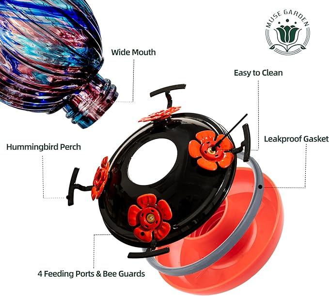 Hummingbird Feeder for Outdoors Hanging, Hand Blown Glass 24 OZ Capacity Hummingbird Bird Nectar Feeders with 4 Feeding Ports, Gifts for Women Mom Outside Garden Backyard Decor
