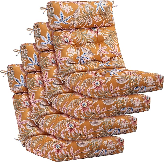 Barydat 4 Pcs Tufted High Back Chair Cushion Indoor Outdoor Seat and Back Cushions Palm Leaves Tropical Plants Lawn Rocking Chair Pads with Ties for Adirondack Patio Garden(Yellow Flower)