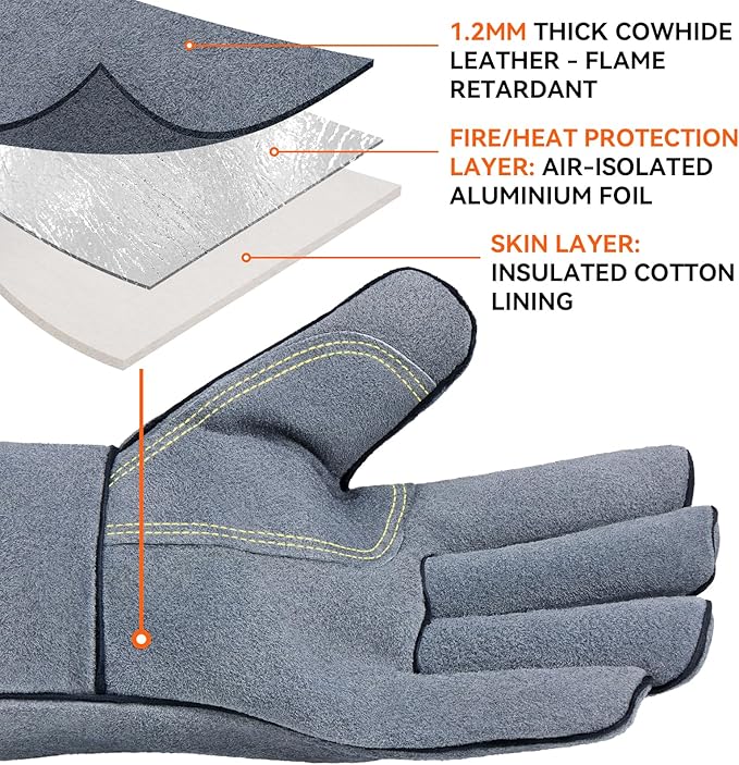 OZERO Welding Gloves for Men, 14-Inch Cowhide Leather Heat Resistant Work Gloves, EN388 EN407 EN12477 Type A Certified, Reinforced Palm, Insulated Lining, Long Cuff for BBQ Grill Oven, Black-gray