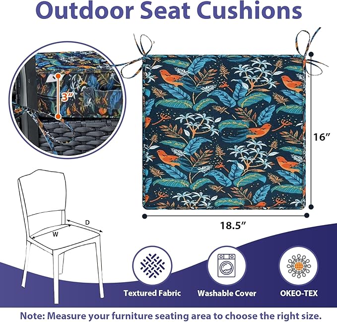 Outdoor Chair Cushions Set of 4,Waterproof Outdoor Seat Cushions for Patio Furniture,Patio Chair Cushion with Handle and Ties, Out Door Chair Pads,18.5" x 16" x 3", Black Nightingale