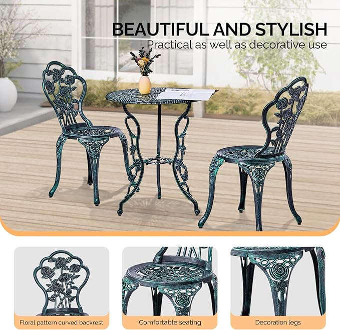 VINGLI 3 PCS Outdoor Bistro Set, Outdoor Patio Set, All-Weather Cast Aluminum Bistro Table Set, Bistro Table and Chairs Set of 2 for Backyard, Garden, Balcony (Green, Rose)