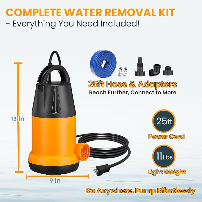 Submersible Water Pump With 25ft. Hose Kit, Sump Pump, Utility Pump with 25-Foot Power Cord, 4000GPH, Portable Water Pump for Swimming Pools, Garden Ponds, Basements, Multi-Purpose Drainage