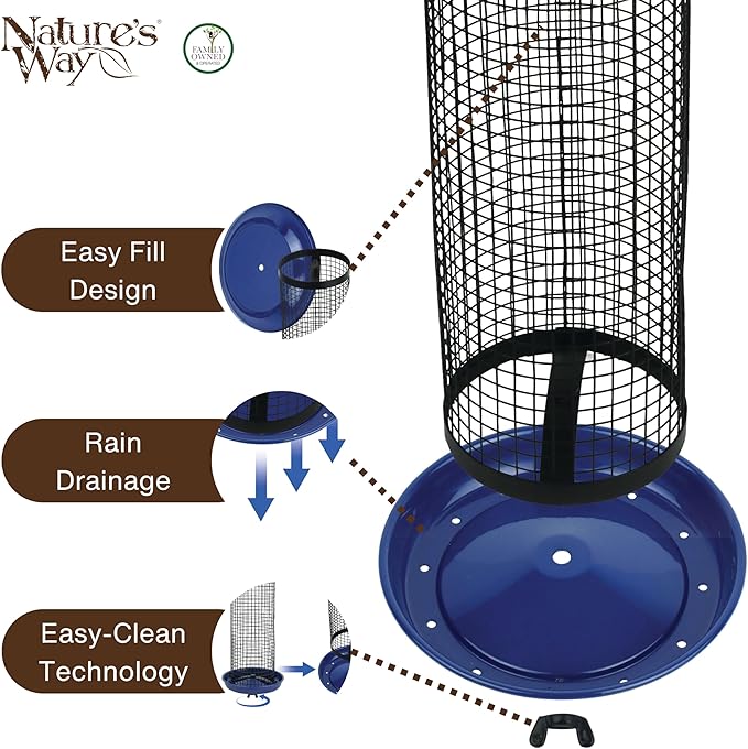 Nature's Way Cobalt Metal Mesh Mixed Seed and Peanut Bird Feeder for Wild Birds and Outdoor Décor, 2 Quart Capacity, Easy to Clean and Fill with Easy-Cling Mesh, Blue