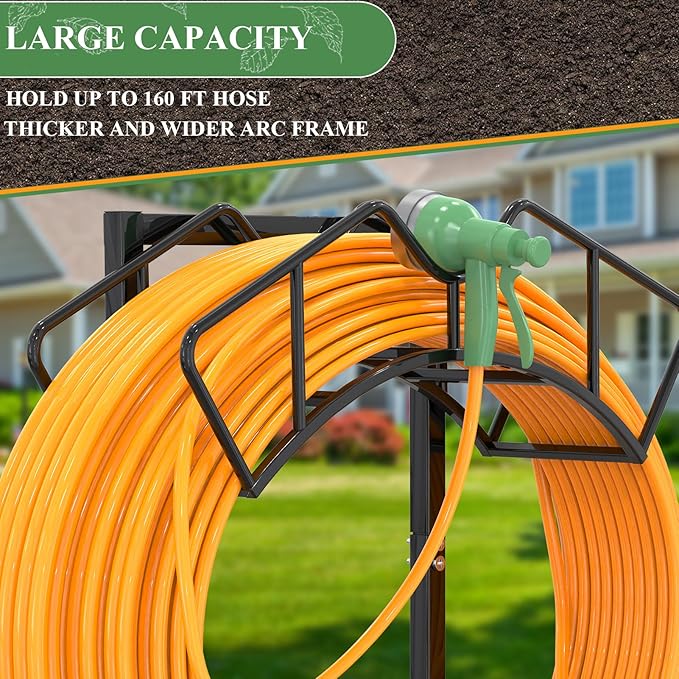 Super Stable Garden Hose Holder, Detachable Water Hose Holders Stand Holds 160-Feet Freestanding Hose Storage Hanger Rack for Outside Yard Lawn Farm (Black)