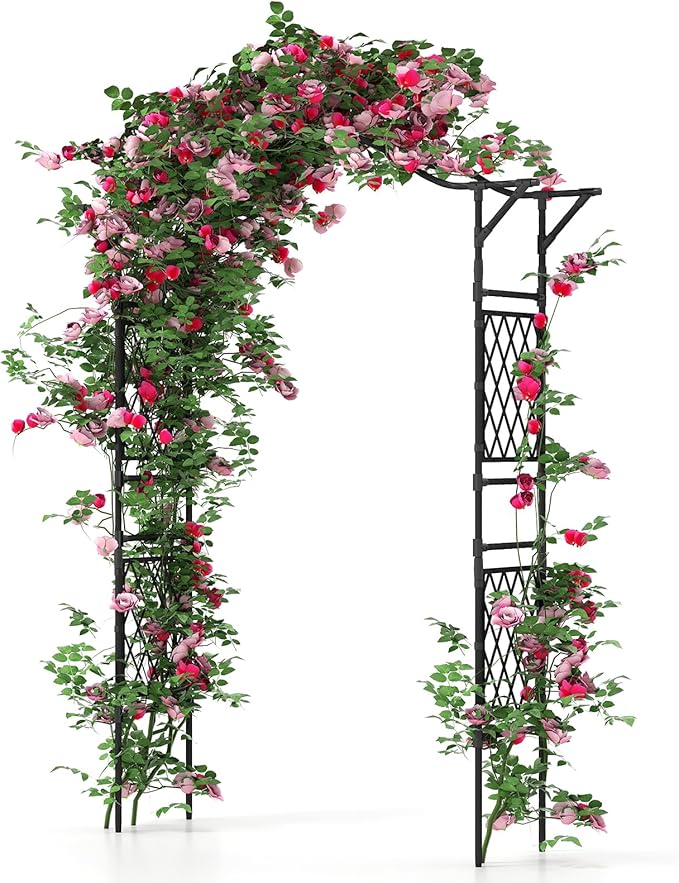 Giantex Garden Arch Trellis, 67''W x 83''H Metal Arbor with Corrugated PE-Coated Steel Tubes & Lattice Panels for Climbing Plants, Decorative Wedding Arch for Yard, Lawn, Party & Outdoor Events