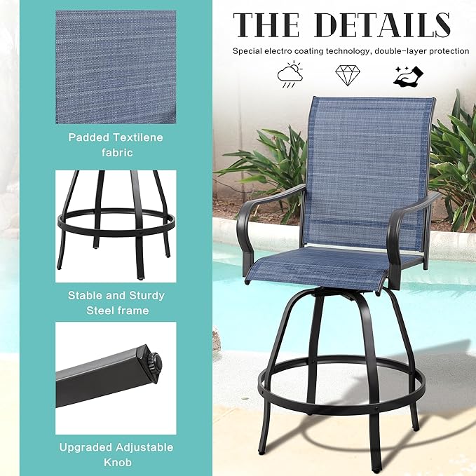 Vongrasig 4 Piece Patio Swivel Bar Chairs, All Weather Metal Textile High Swivel Bar Stools Chairs, Outdoor High Top Bistro Set for Backyard, Lawn Garden, Balcony, Denim Blue