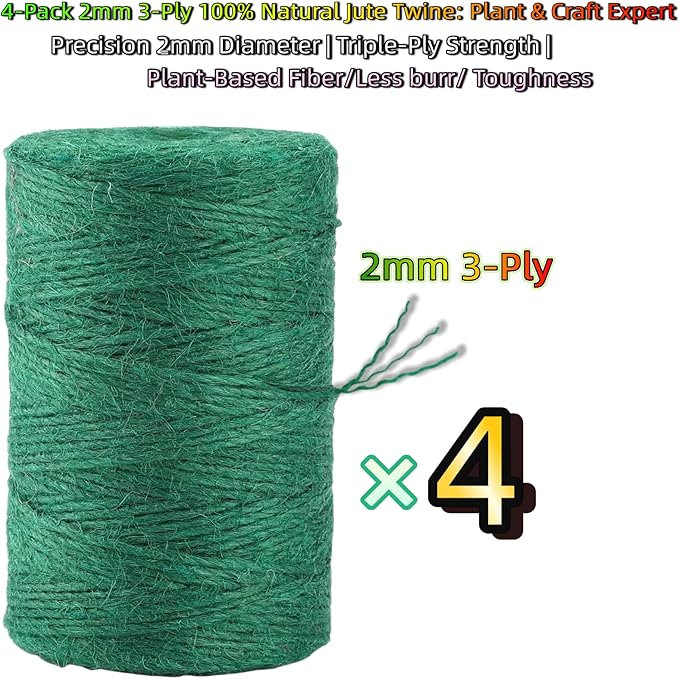 1312.336 Feet 2mm Green Jute Twine String - 3 Ply Natural Garden Twine for Plants, Crafts, Gift Wrapping, Packing - Heavy Duty Plant Ties for Tomatoes, Climbing Plants, DIY Projects, (4 Pack)