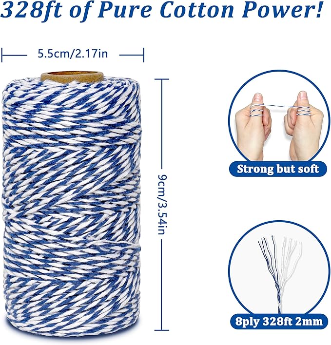 Cotton Twine String, 328 Feet Royal Blue & White - Christmas Twine for Gift Wrapping, Crafts, Baking, Butchers, Holiday Decorations, DIY, Kitchen & Gardening