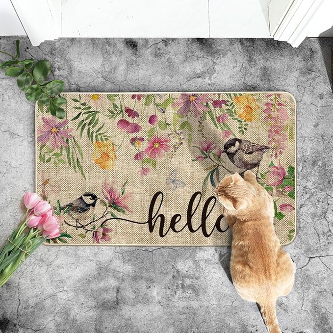 Artoid Mode Bird Flowers Hello Spring Doormat, Home Summer Decor Low-Profile Switch Rug Door Mat Floor Mat for Indoor Outdoor 17x29 Inch