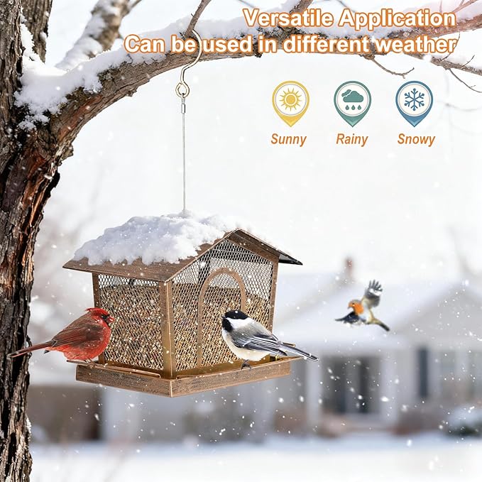 LBTING Bird Feeder for Outside, Metal House-Shaped Bird Feeder, Squirrel Proof Wild Bird Feeders for Hanging Outdoor Garden Yard - Gold