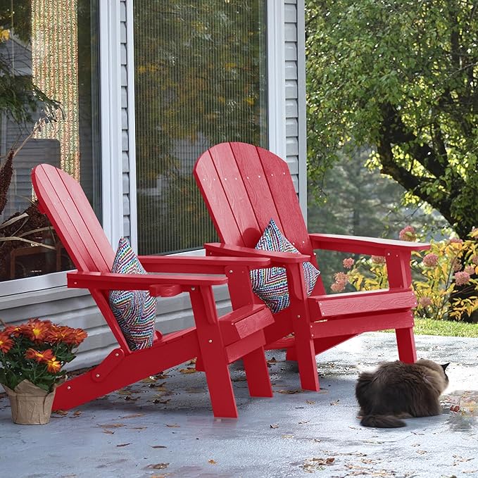 YEFU Adirondack Chair Set of 2, Folding Oversized Plastic Adirondack Chair with Cup Holder, Lawn Chair with Weather Resistant for Outdoor Deck Garden, Weight Capacity Up to 400 Lbs–Red