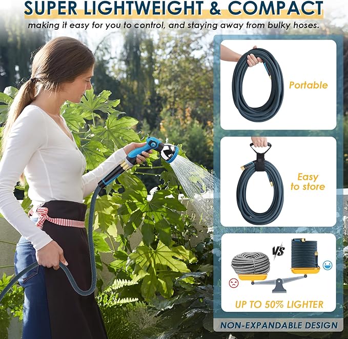 Non-Expandable Garden Hose 50 FT, Lightweight Hose with 10 Function Spray Nozzle, Kink-Free Flexible Water Hose, Durable, Leak-Proof, 360° Swivel Connectors, Portable Storage Strap