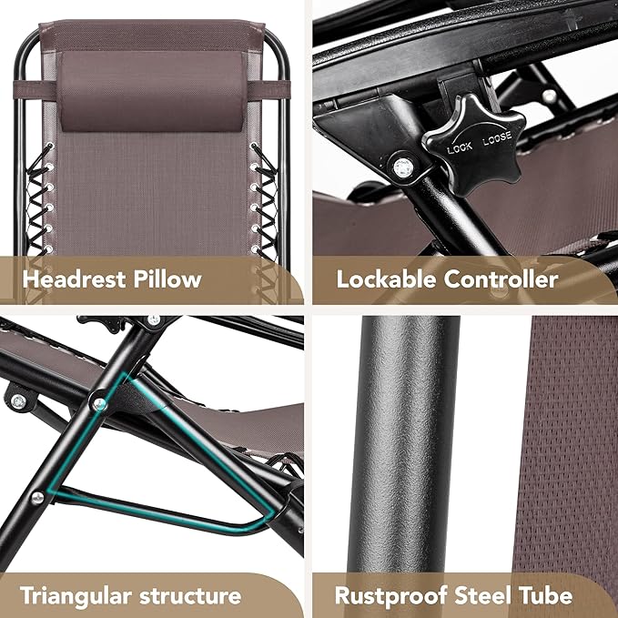 Devoko Patio Zero Gravity Chair Outdoor Folding Adjustable Reclining Chairs Pool Side Using Lawn Lounge Chair with Pillow Set of 2 (Brown)