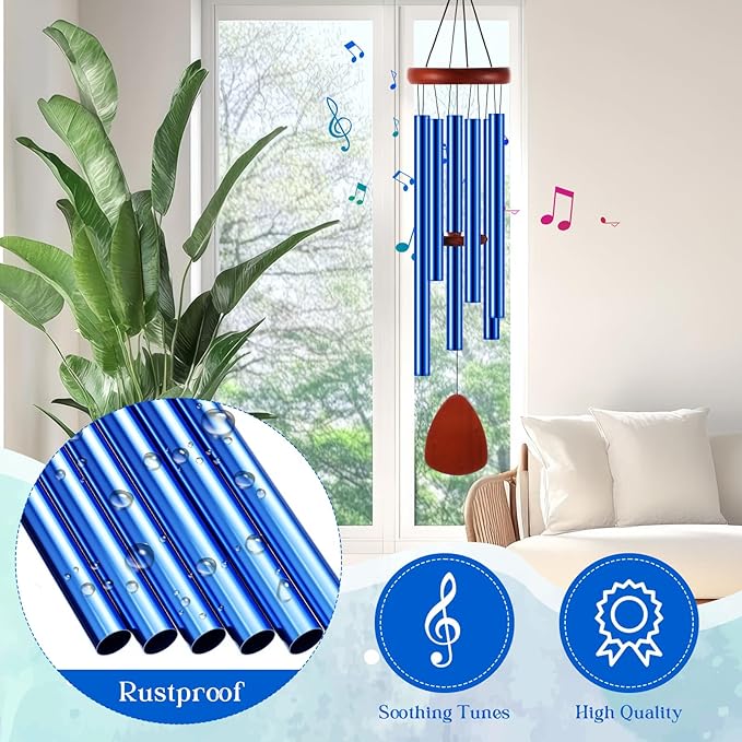 Leinuosen Wind Chimes for Outside Wind Chimes Outdoors Deep Tones 28" with 6 Aluminum Tubes Memorial Sympathy Windchime for Valentine Tree Decor Garden Courtyard Mom Loved One Gifts(Classic,Blue)