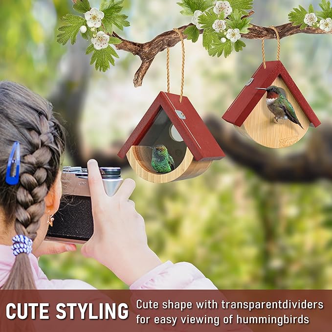 2 Pack Hummingbird House, Window View Wooden Bird Houses for Outside Hummingbird Houses for Nesting, Hanging Chickadee House for Indoor Outdoor with Hemp Ropes