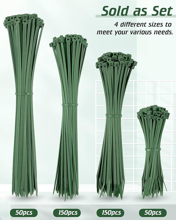 PA66 Green Zip Ties, 400pcs 12+10+8+4 Inch Heavy Duty Cable Zip Ties, Premium Self-locking Nylon Cable Plastic Ties Decoration Tie Wraps for Christmas Tree Holiday Lights Gardening Plants Grid Wall