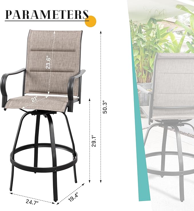 Vongrasig 2 Piece Outdoor Patio Swivel Bar Chairs, All Weather Padded Sling Textile High Top Bar Stools, Bistro Set for Backyard, Lawn Garden, Balcony, Gray