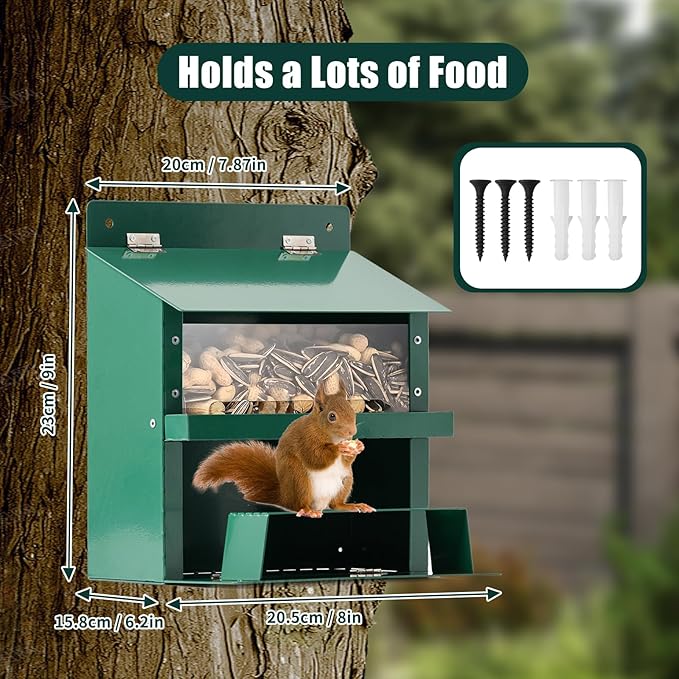 Squirrel Feeder, Metal Squirrel Feeder for Outside,Outdoors Chipmunk &Squirrel Picnic Bench Feeders Table,Stronger Than Wooden Structure,Easy to Install & Refill