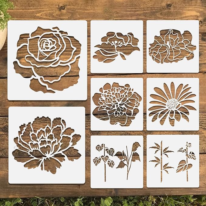 8 Pcs Large Flower Stencils for Painting, 11.81 X 11.81 Inch Flower Stencils for Crafts Reusable, Wood and Wall Stencils for Painting Large Pattern, DIY Templates Holiday Wall Paper (A)