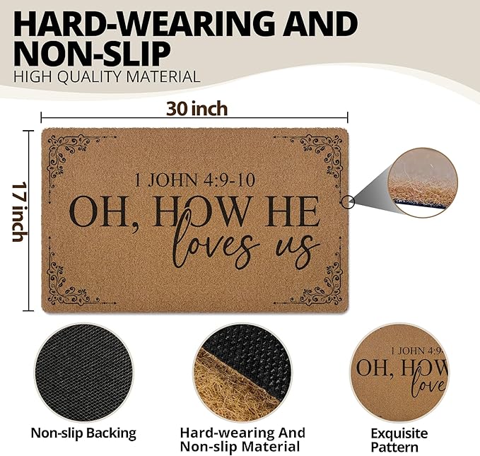 Christian Door Mat Doormat, Bible Verse Welcome Front Door Mat Indoor Outdoor Entrance, Oh How We Loves Us Religious Artificial Coir Doormats Rugs for Porch Entryway Home Decor 30x17in