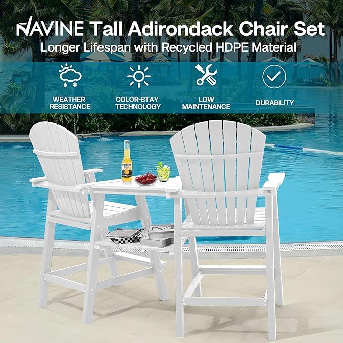 Tall Adirondack Chairs Set of 8, HDPE Balcony Chair with Double Connecting Tray, Weather Resistant Outdoor Adirondack Bar Stools for Patio, Deck, Patio, Backyard, Balcony. (White)