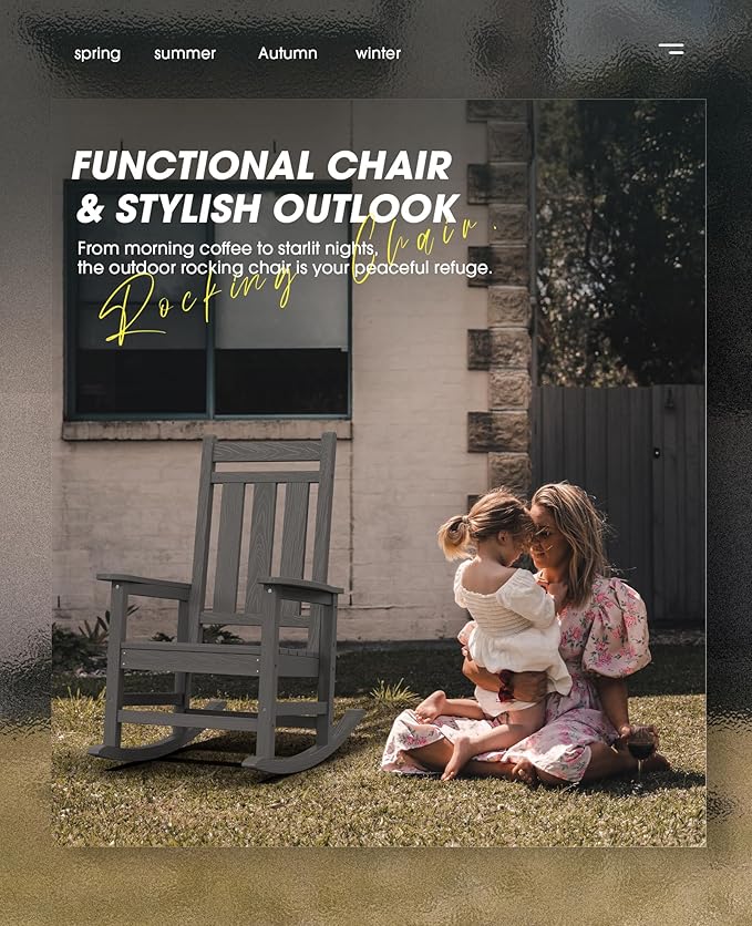 KINGYES Oversized Outdoor Rocking Chair Set of 6, All-Weather Patio Rocking Chairs for Porch, HDPE Outdoor Patio Rockers with High Back & Wide Seat for Garden, Lawn, Gray