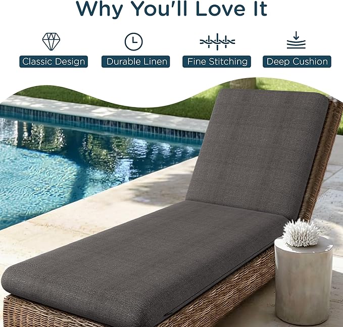 Codi Outdoor Chaise Lounge Chair Cushions 72"x22.5"x3.5" – Linen Texture, Fade Resistant, Waterproof, Removable Cover, Thick Soft Padding for Patio Furniture & Pool Relaxation, Grey