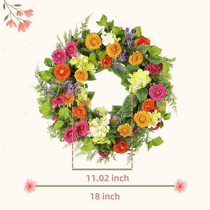 YNYLCHMX 18" Spring Summer Wreaths for Front Door, Artificial Floral Wreath with Daisy Flowers Green Tea Leaves, Green Foliage Wreath for Wall Window Farmhouse Party Holiday Home Decor