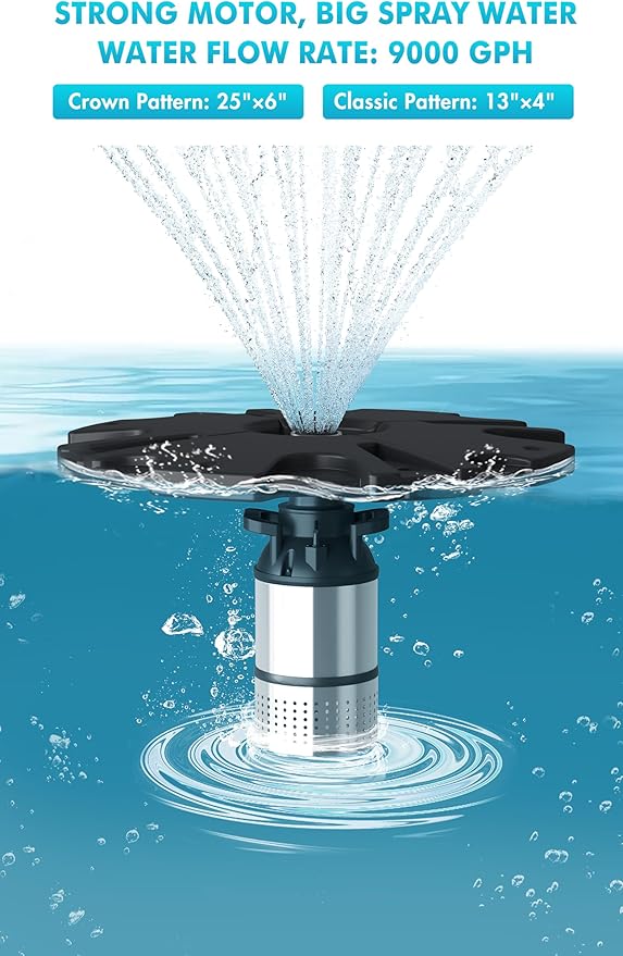 HQUA FS02 120V, 1/4HP, Large Pond Floating Fountain with FSL01 LED RGB Color-Changing Light Sets, 100’ Cord, 9000 GPH, Two Spray Patterns 25'×6' and 13'×4'