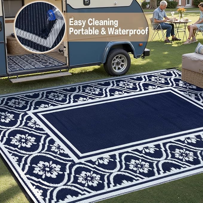HUGEAR Outdoor Patio Rug 5'x8' Waterproof Outside Area Rugs Blue Reversible Plastic Straw Carpet for RV Deck Camping Entryance Porch Picnic Balcony Beach