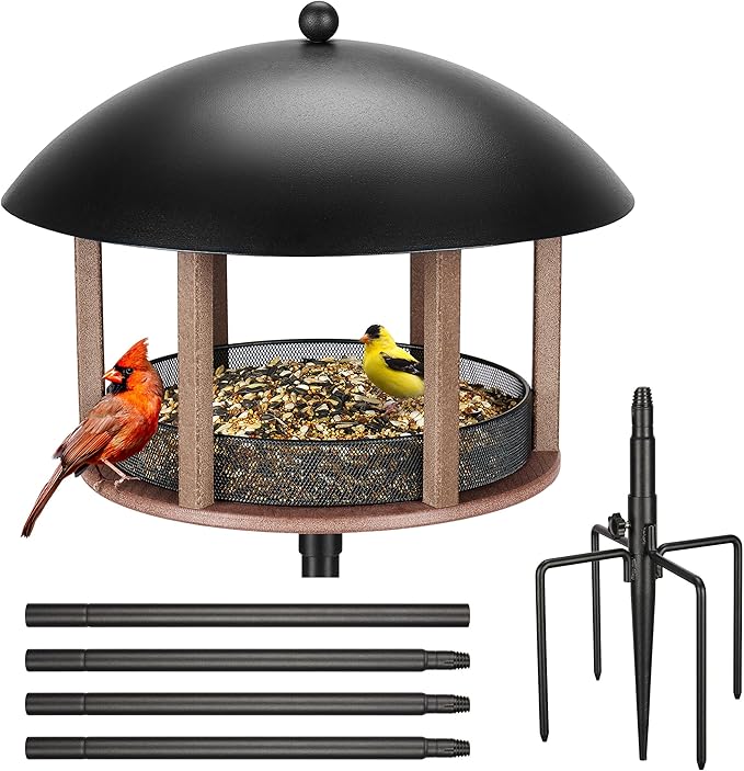Kingsyard Large Platform Bird Feeder for Outside, Tray Bird Feeder with Weather Protective Dome & Universal Pole Kit, 5 lbs Seed Capacity, Brown