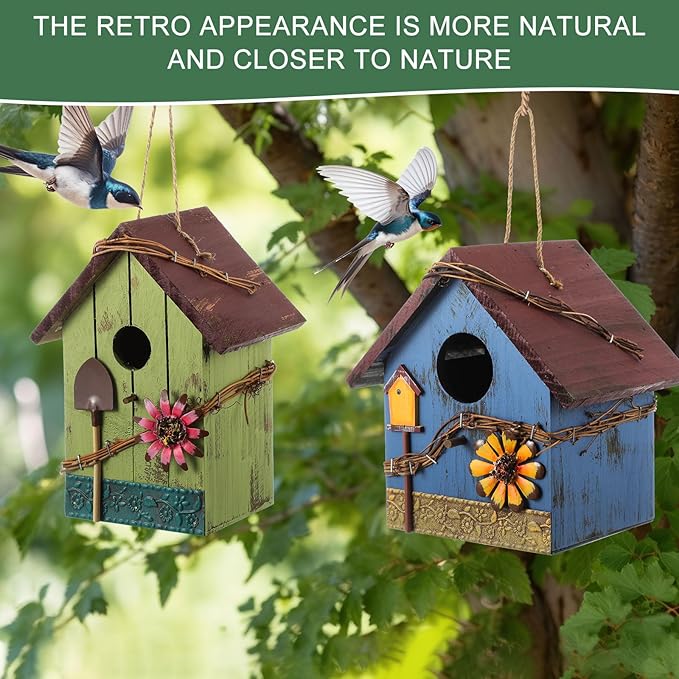 2 Pcs Decorative Birdhouse for Yard Outside Hanging Wooden Birdhouse Hand Painted Bird Box for Bird Lovers Bluebird Tree Swallow Wild Chickadee Garden Decor(Red,Blue,Wooden Roof)