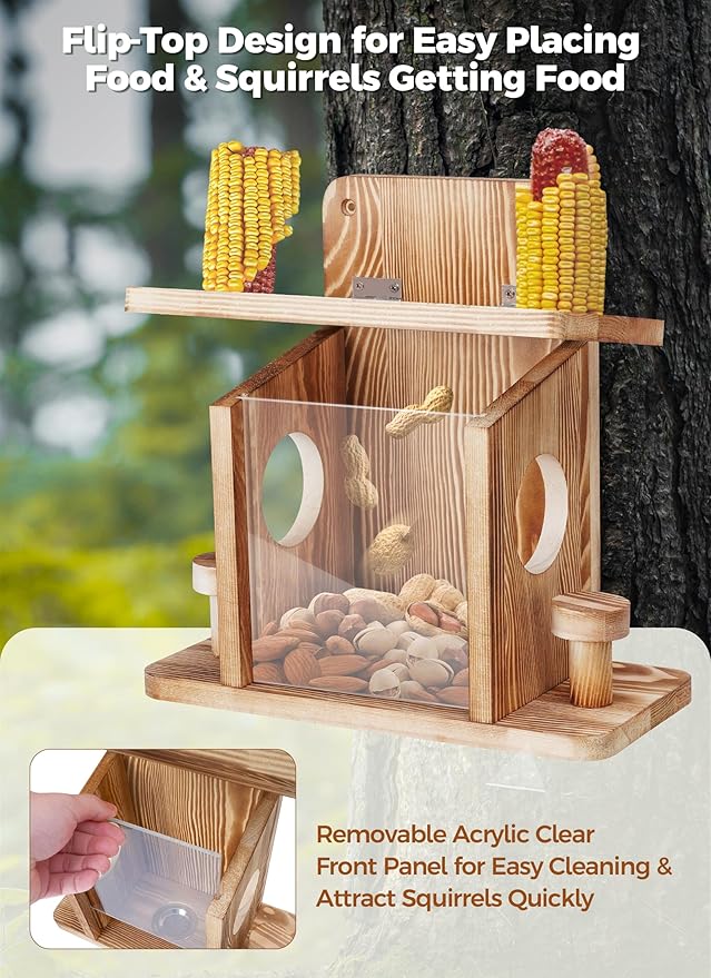 Squirrel Feeder for Outside, Thickened Solid Wooden Squirrel Feeders Platform, Chipmunk Feeder Hold Peanuts Corn Corn Cob, Durable Hanging Feeder Box Funny Squirrel Houses Picnic Table for Outdoors