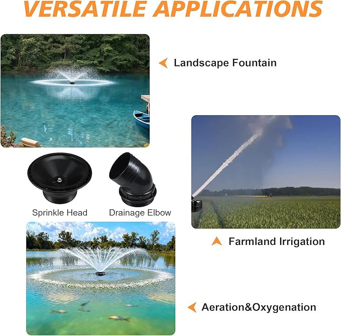 Pond Fountain Aerator, 1HP 16000 GPH 750W 110V/120V Stainless Steel Floating Fountain Pump With 100ft Power Cord & Rope & Timer for Small Large Outdoor Ponds & Lakes