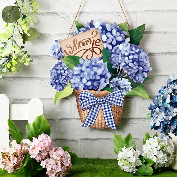 Barydat Spring Door Sign Blue Hydrangea Wreaths Flowers Spring Door Hanger Rustic Easter Welcome Hanging Wreath for Summer Front Indoor Home Porch Wall Windows
