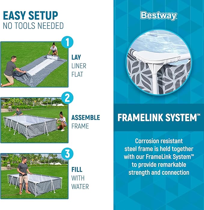 Bestway Steel Pro 12' x 6' 7" x 26" Rectangle Above Ground Outdoor Swimming Pool Set with DuraPlus Liner and FrameLink System, Gray