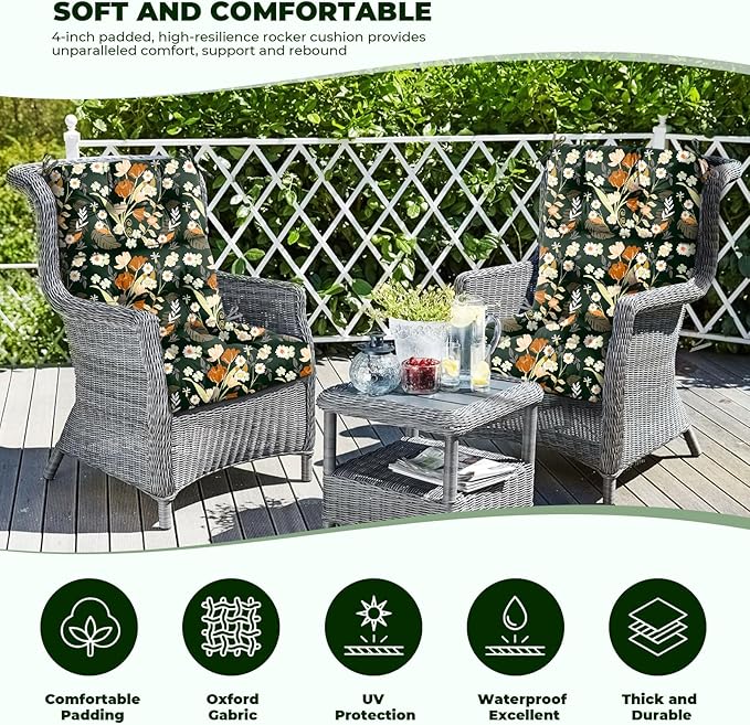 Outdoor/Indoor High Back Chair Cushion, Waterproof Outdoor Rocking Chair Cushion with Ties, Tufted Replacement Seat Cushions for Outdoor Furniture, Black Floral