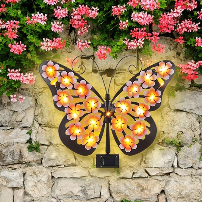 Solar Lights Outdoor Metal Butterfly Wall Decor with 30 Led - 13.5" Outdoor Fence Wall Art,Hanging Decoration for Garden Patio Porch Yard,Gifts for Women，Xmas Gifts for Mom Grandma