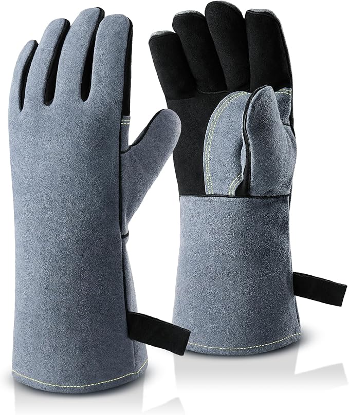 OZERO Welding Gloves for Men, 14-Inch Cowhide Leather Heat Resistant Work Gloves, EN388 EN407 EN12477 Type A Certified, Reinforced Palm, Insulated Lining, Long Cuff for BBQ Grill Oven, Gray