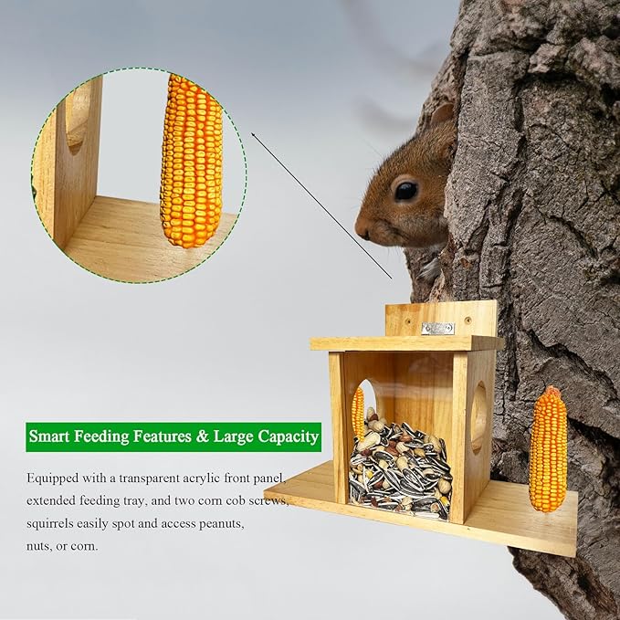 Squirrel Feeder, Wooden Squirrel Feeders for Outside with Corn Cob Holder and Removable Front Panel, Outdoors Durable Wood Chipmunk House for Corn Peanuts, Easy to Clean & Refill, Rainproof