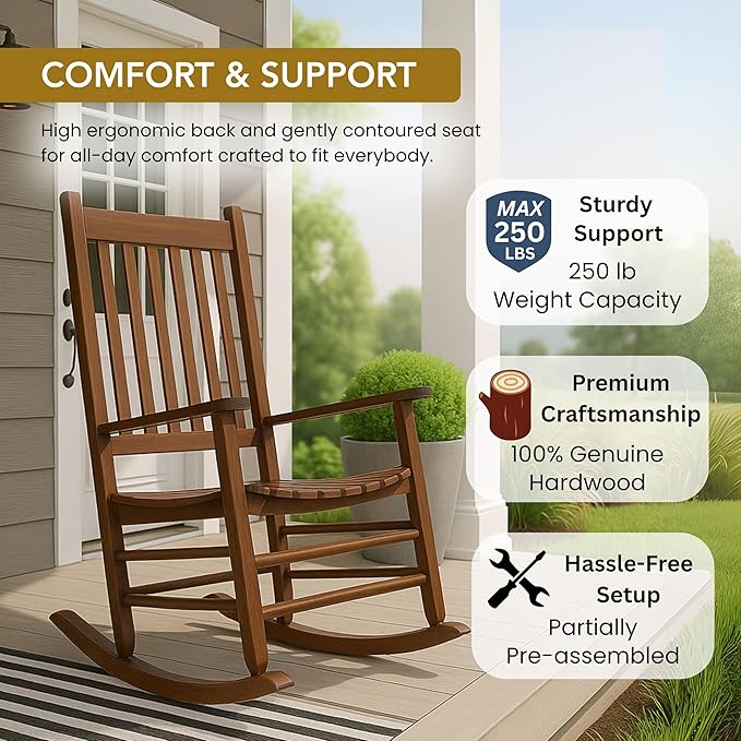 Shine Company Vermont Porch Rocker, High Back Wood Rocking Chair, Oak