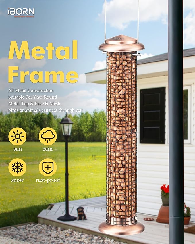 iBorn Metal Peanut Bird Feeders for Outdoors - 14" Peanut & Sunflower Seed Feeder, Hanging Metal Mesh Mixed Seed Bird Feeder with Easy-Clean Design for Woodpeckers, Jays, Titmice,Copper