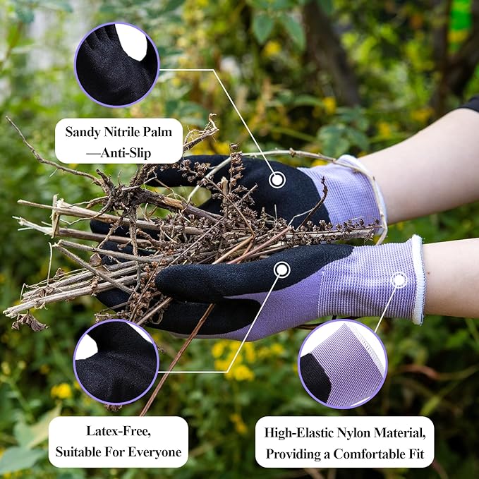 HandLove 2 Pairs Gardening Gloves for Women-Moisturizing Durable Work Gloves.Latex-free Sandy Nitrile Coated for Yard Garden,Touchscreen Friendly Protective Work with Grip,Large,Pink&Green