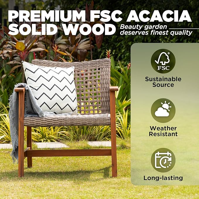 Idzo Liberte 500lbs Capacity Acacia Outdoor Club Chairs Set of 2, FSC Teak Finish Wood Upgraded Patio Furniture Sets with Upgraded 2000Hours UV Resistant Wicker