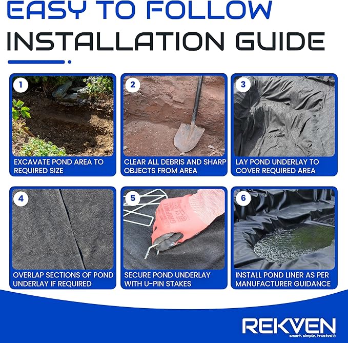 Pond Liner Underlayment - 15 x 20 Feet - Non Woven Geotextile Landscaping Fabric with 20 U-Pin Garden Staples - Perfect for Fish Koi and Preformed Ponds Fountains Waterfalls